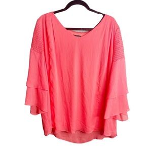 I.N. Studios women size 1X coral rushed and bell sleeve arm blouse.